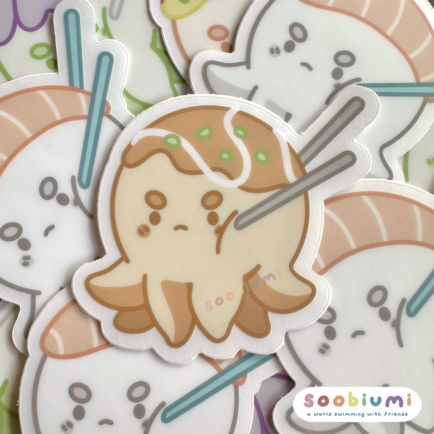 Japanese Food Oochi the Octopus Transparent Stickers - Takoyaki, Sushi, Wagashi and Omurice